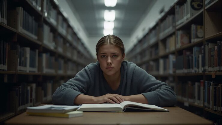 Læsende studerende i grå sweater læner sig over åben bog ved biblioteksbord mellem hylder og lamper