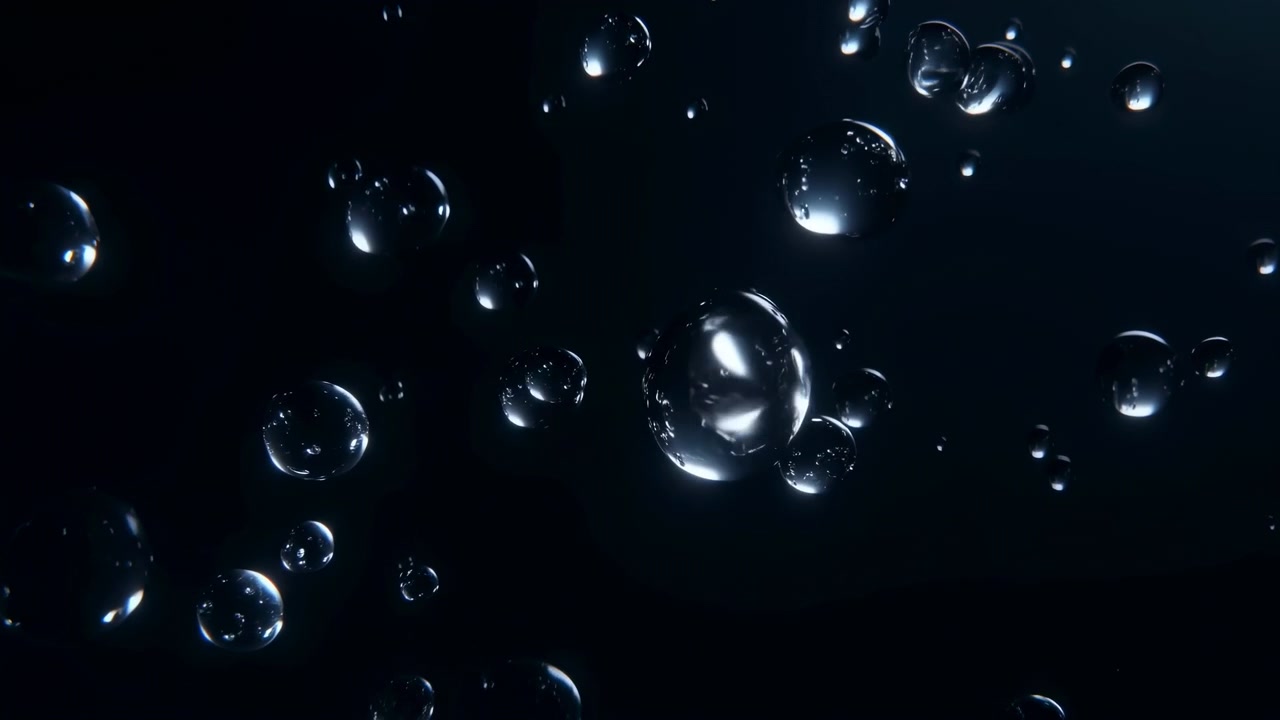 Dark Underwater Bubbles Rising Glistening In Light, Slow Motion Droplets Float Upward Creating Moody Aquatic