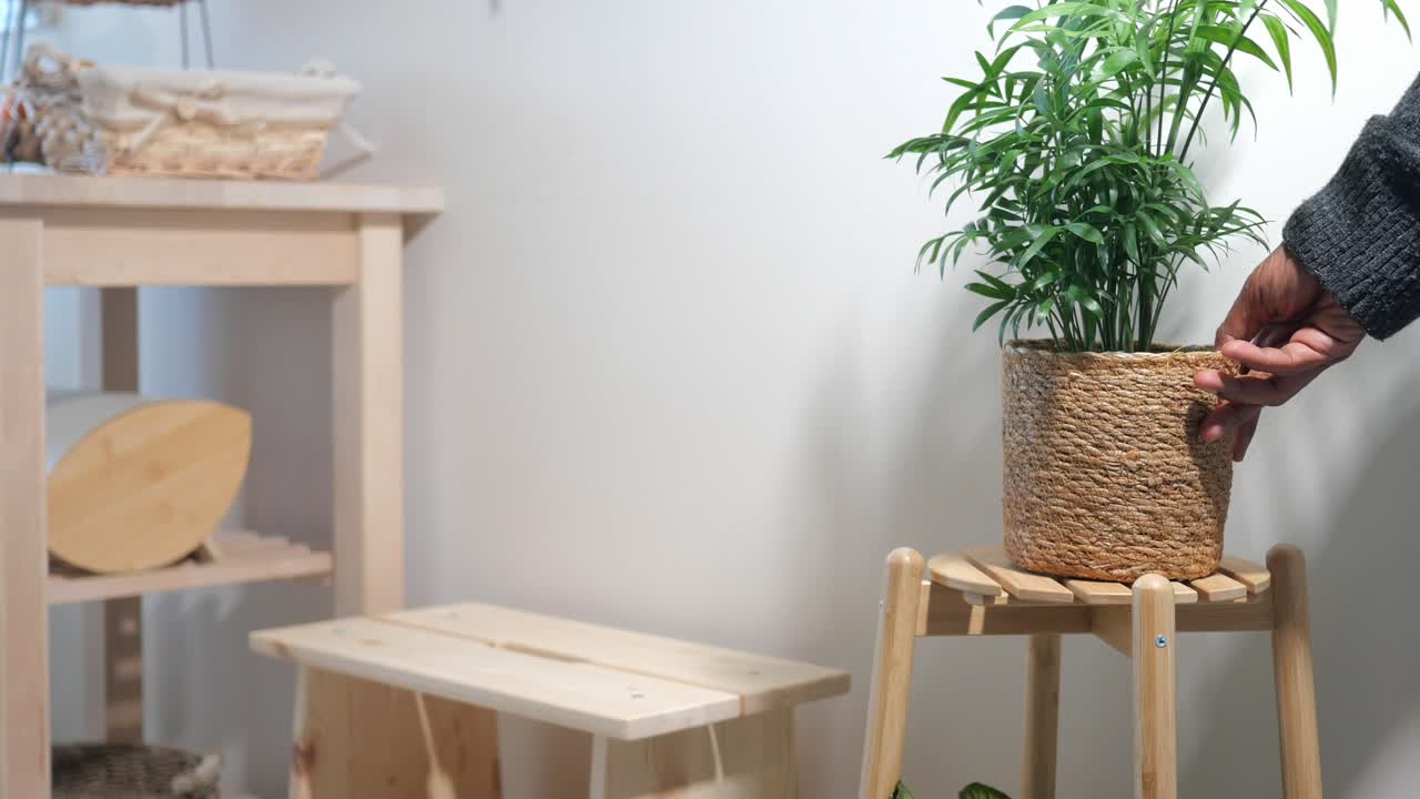 A houseplant next to a wooden table