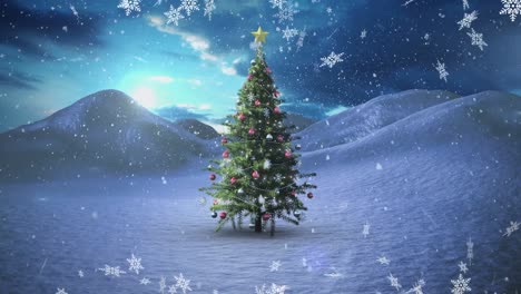 Snow-falling-over-christmas-tree-on-winter-landscape-against-clouds-in-the-sky