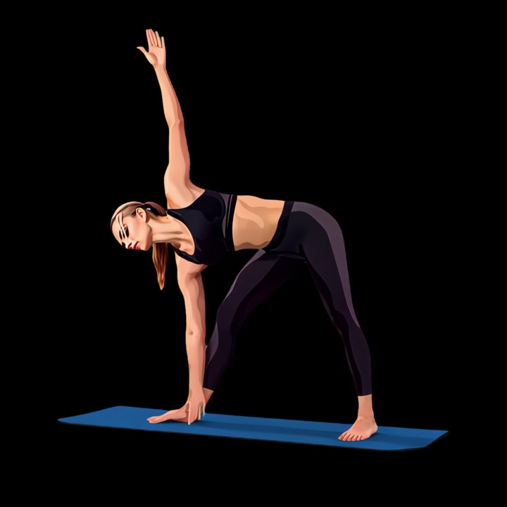 Mulher Realizando a Postura do Triângulo de Yoga em Tapete Azul