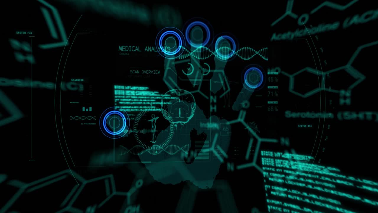 animación de fórmulas químicas y procesamiento de datos sobre huellas dactilares en fondo negro