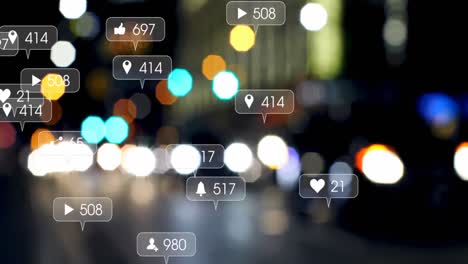 animation of social media icons and numbers over out of focus traffic lights