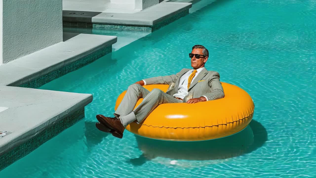 A Cool Man in a Stylish Suit Relaxing on a Yellow Float in a Sparkling Swimming Pool, Enjoying a Breezy Afternoon Under the Sunlight