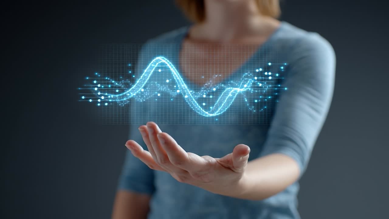 Main projetant un motif d'onde lumineux dans un environnement numérique moderne