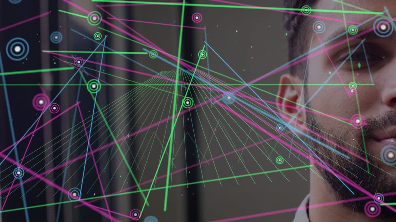 Man shifting closed eyes to smiling as grid and nodes appearing, lines sweeping face, showing tech