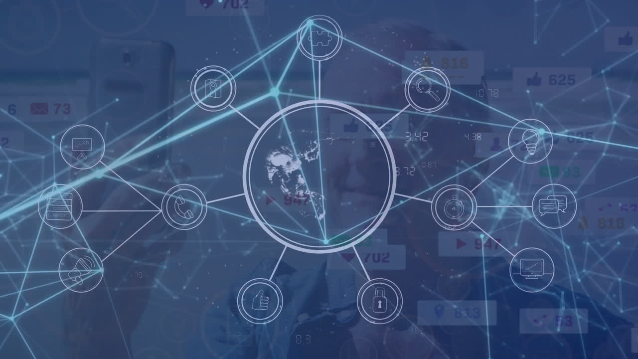 animación de la red de conexiones con iconos sobre hombres caucásicos que usan teléfonos inteligentes