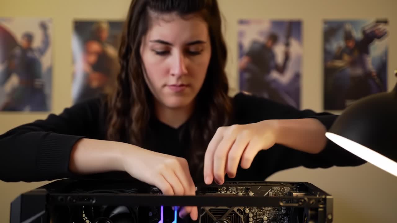 A Young Woman Assembles a Computer, Skillfully Managing Components and Cables, in a Brightly Lit Room Decorated with Inspirational Posters, Showcasing Technical Expertise