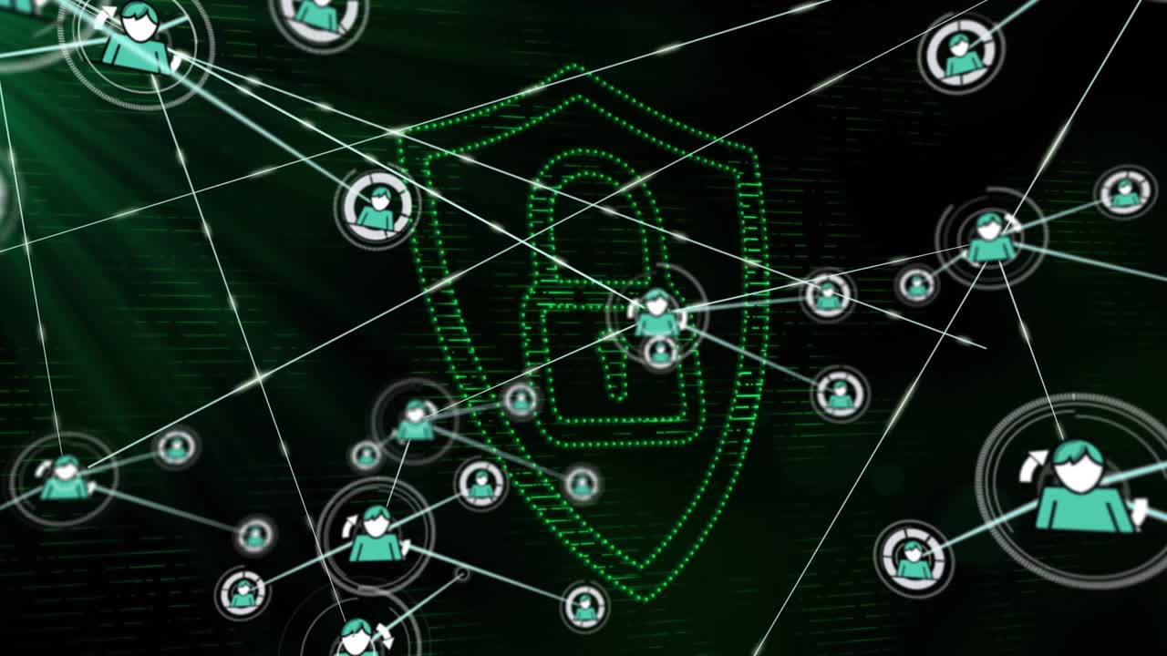 Pulsing shield making avatar icons connecting lines in security interface building secure network