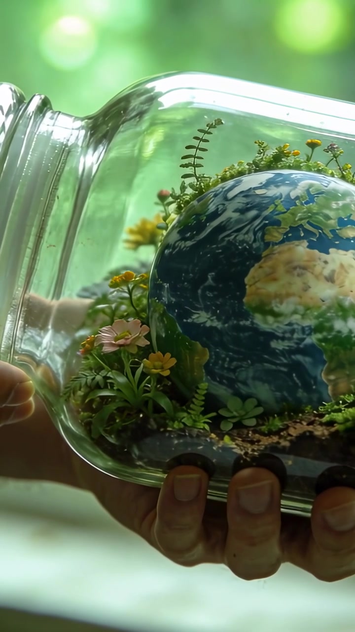 Video vertical: Ajustando el agarre, manos inclinando un frasco de vidrio cerca de una ventana, centrando un globo terráqueo y plantas