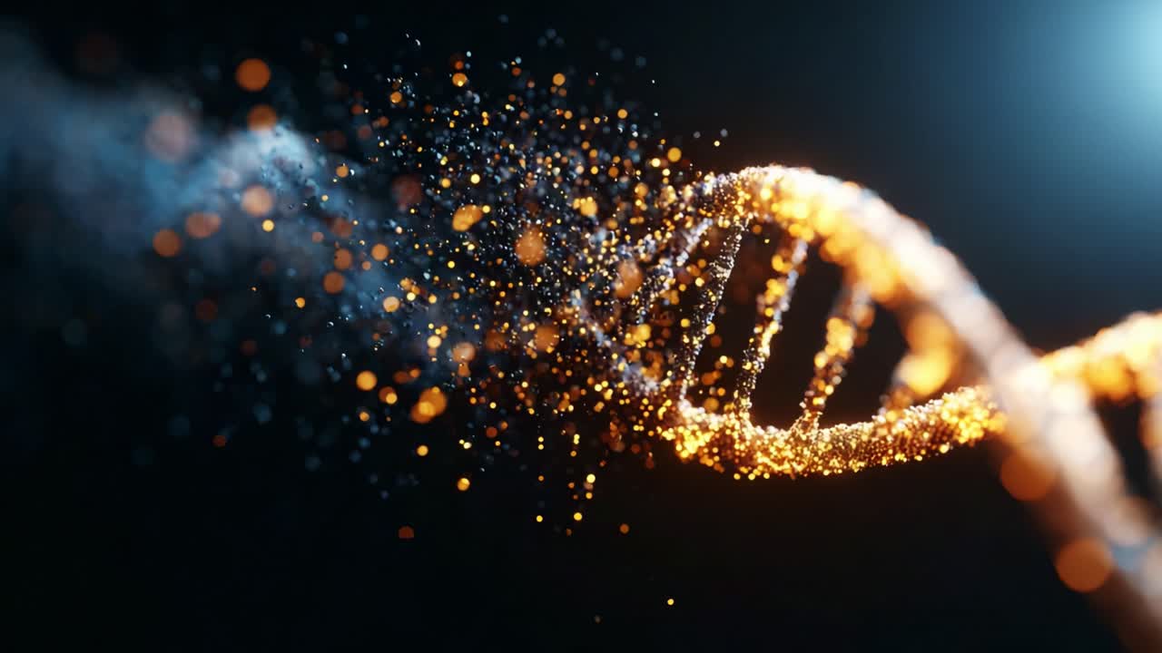 A Stunning Visualization of DNA Strand in Motion: Explore the Elegance of Genetic Material as it Twinkles with Golden Particles Against a Dark Background