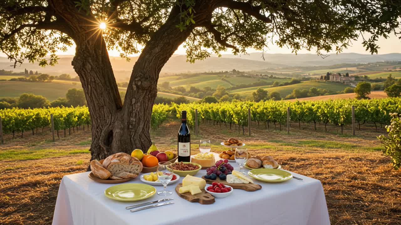 A Scenic Outdoor Feast: An Exquisite Spread of Wine, Cheese, and Fruits Under a Tree with Breathtaking Vineyard Views at Sunset