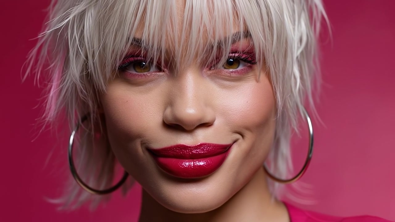 Primo piano ravvicinato di una donna con i capelli bianchi che indossa un ombretto e un rossetto rosa vibrante.