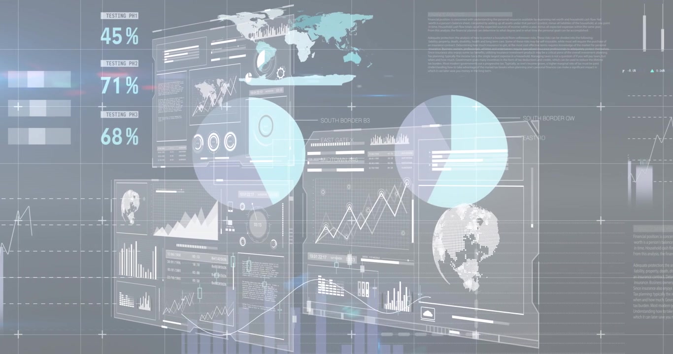 Animation of statistical data processing over interface with data processing against grey background