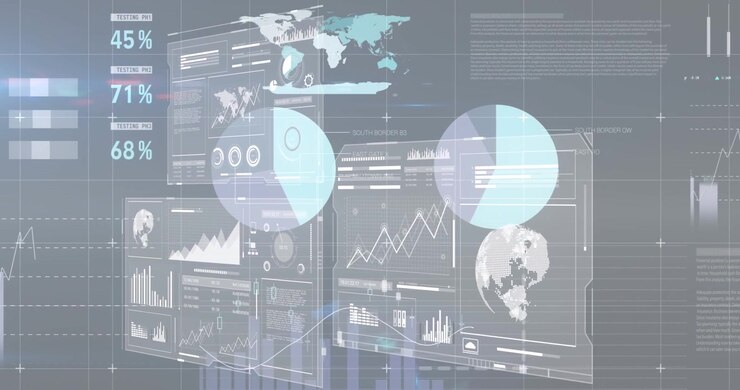 Animation of statistical data processing over interface with data processing against grey background