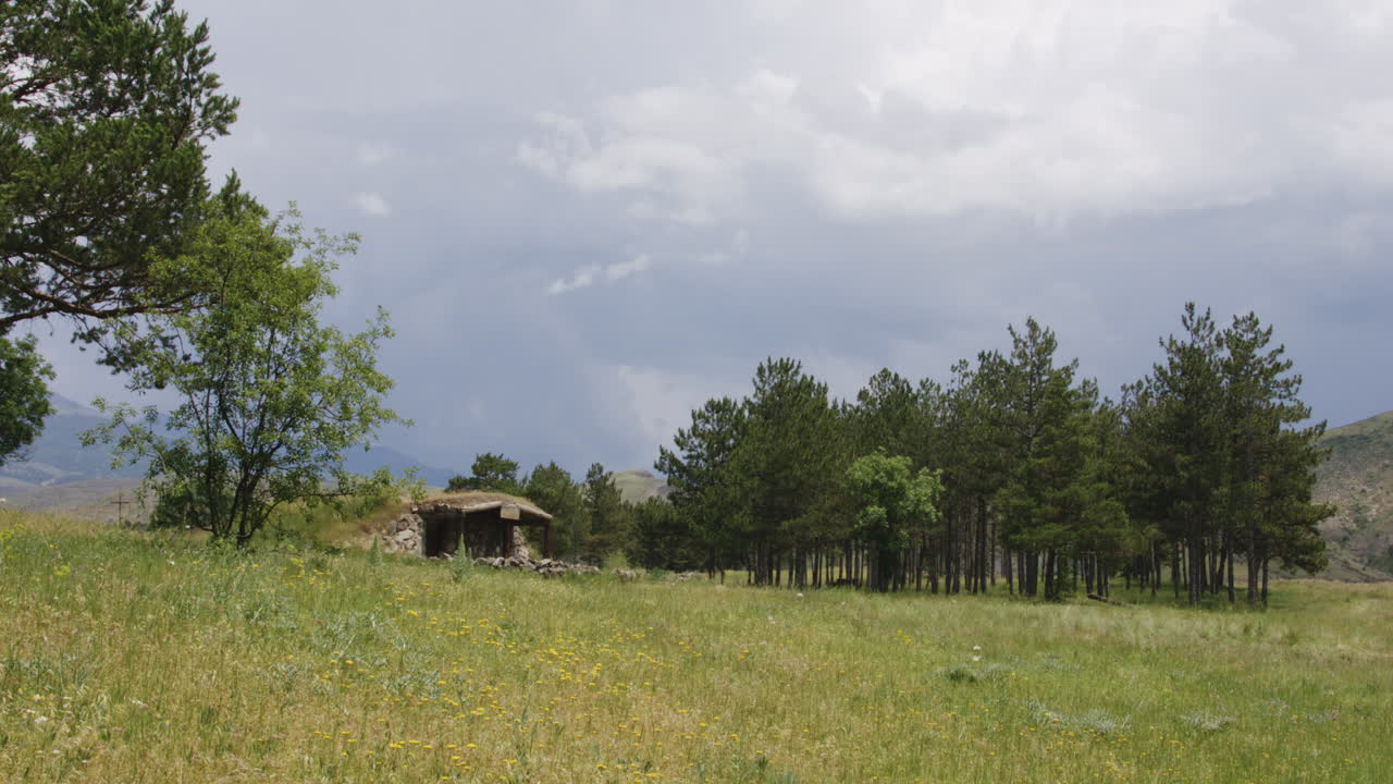 antigua cabaña de piedra junto a la arboleda en el campo de pradera georgiana