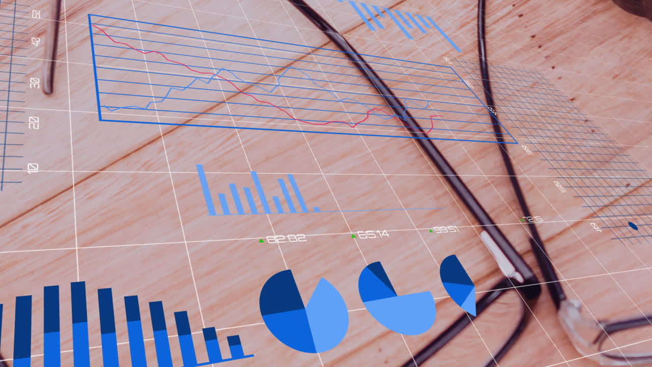 3D financial data projecting on desk, showing line, bar, pie and donut charts, stethoscope snaking