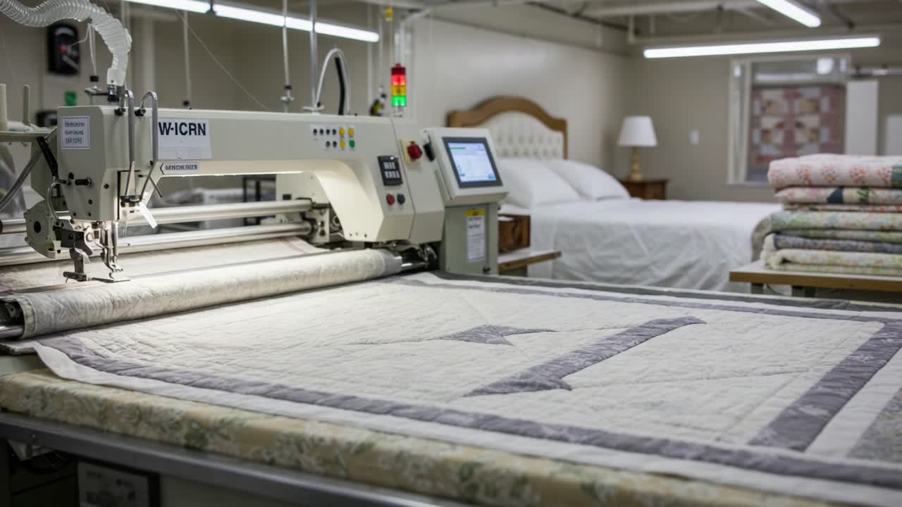 A Detailed View of an Advanced Quilting Machine in a Cozy Workshop, Showcasing the Precision Craftsmanship Involved in Quilt Creation