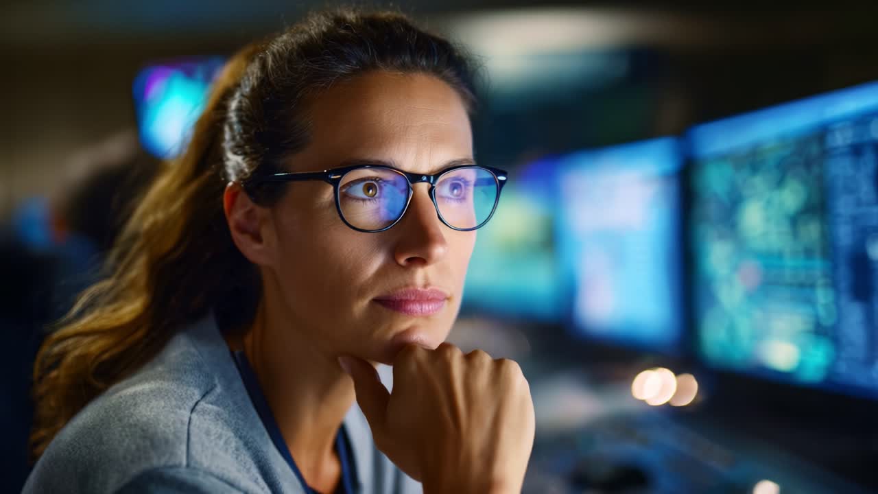Intense Focus: A Thoughtful Woman Analyzing Data on Multiple Screens in a High-Tech Control Room Environment, Demonstrating Expertise and Concentration