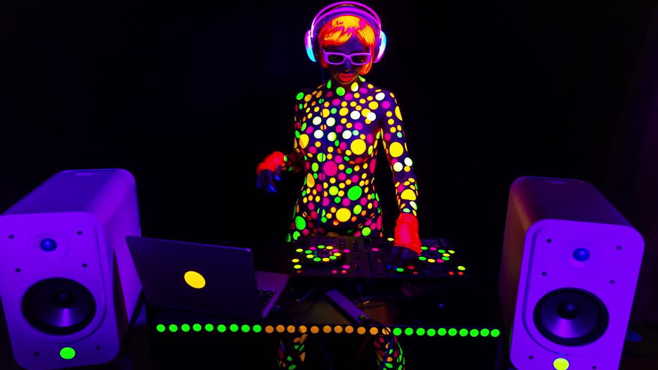dj femenino de discoteca cubierto de manchas fluorescentes