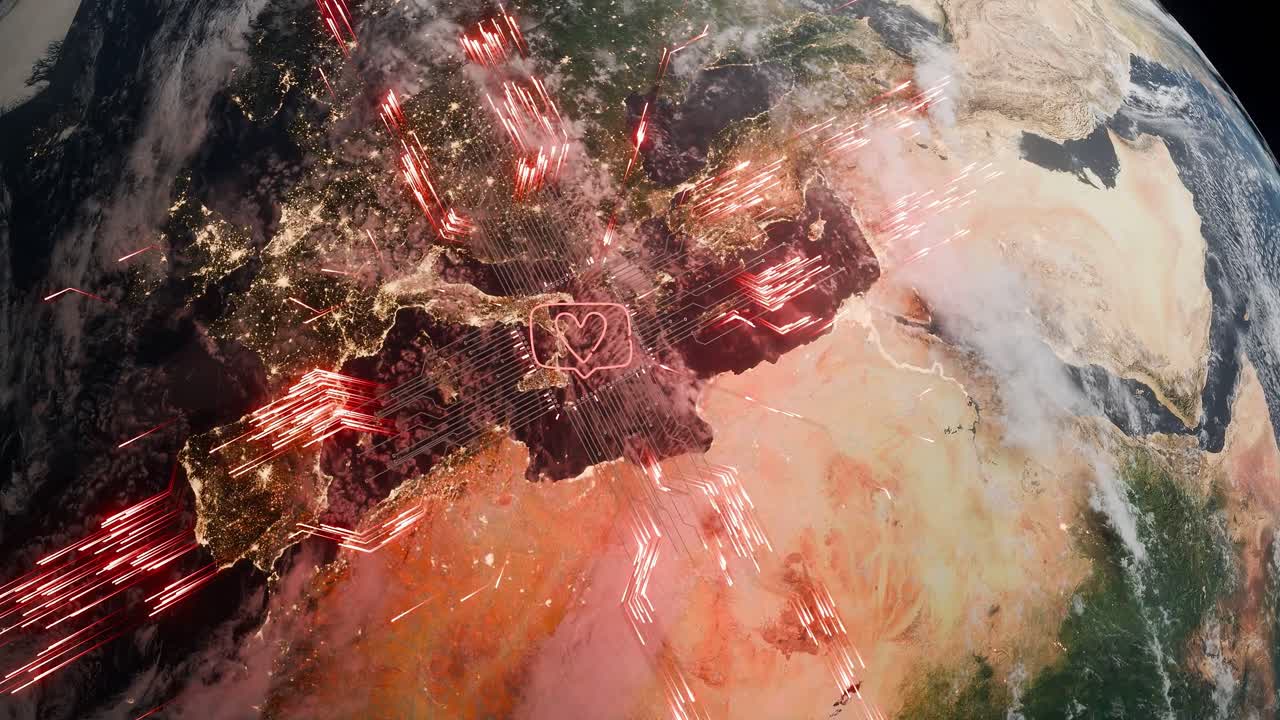 Planet Earth showing southern Europe and northern Africa with heart symbol inside chat bubble and red digital network lines. Social media communication and global connection concept