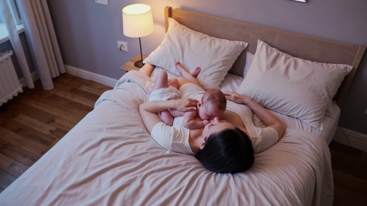 Mother and Newborn Baby Bonding in Bed