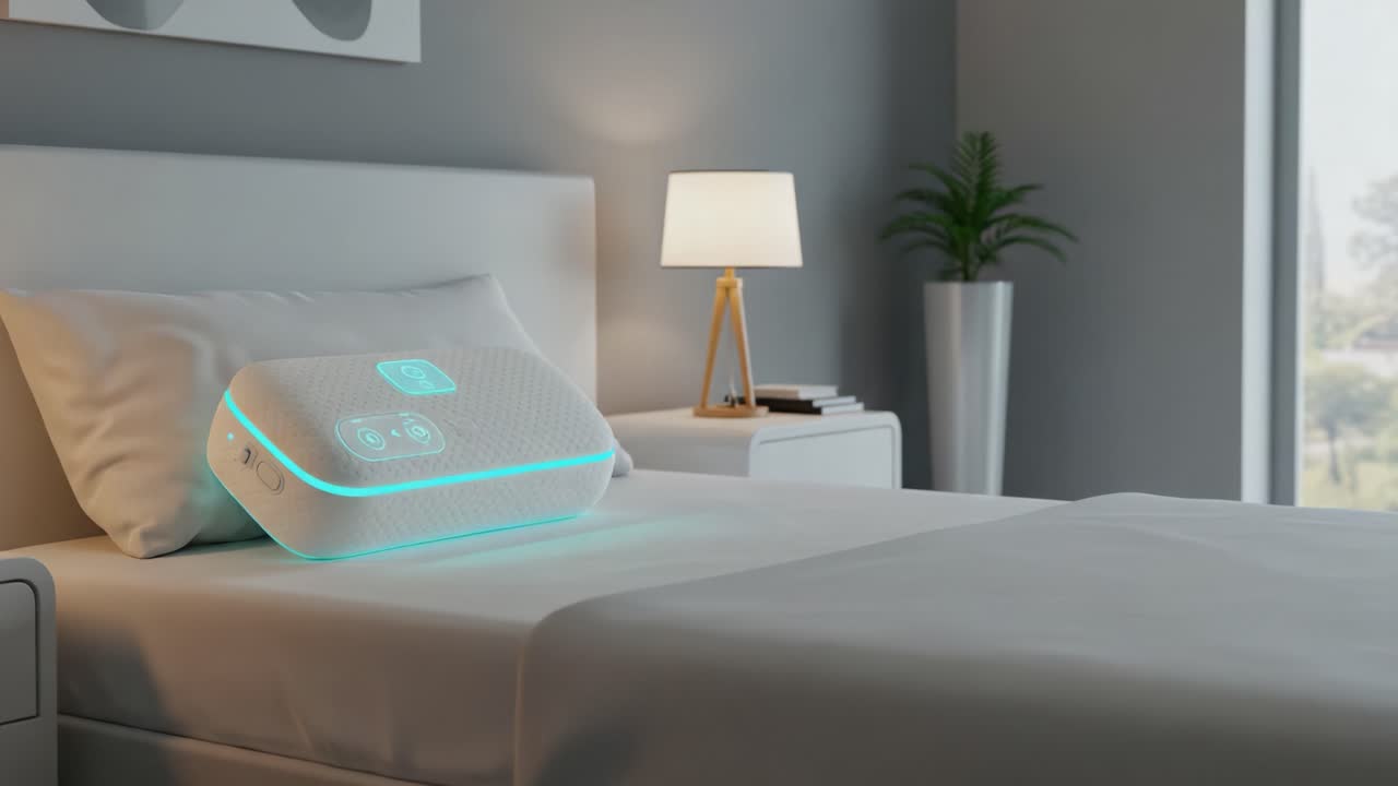 Innovative Sleep Technology: A Futuristic Smart Pillow Enhancing Comfort and Sleep Quality in a Modern Bedroom Setting
