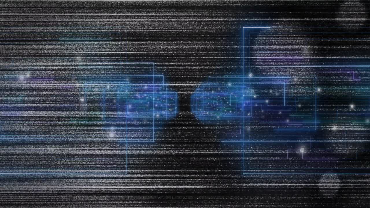 Scanlines starting motion, blue clusters pulsing, neon outlines extending, showing glitch data flow