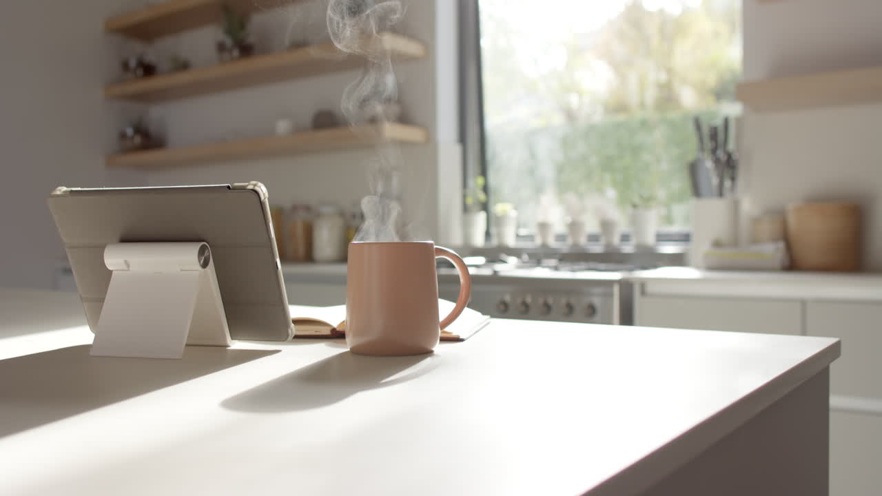 Steam rising from hot cup on kitchen counter, tablet leaning nearby