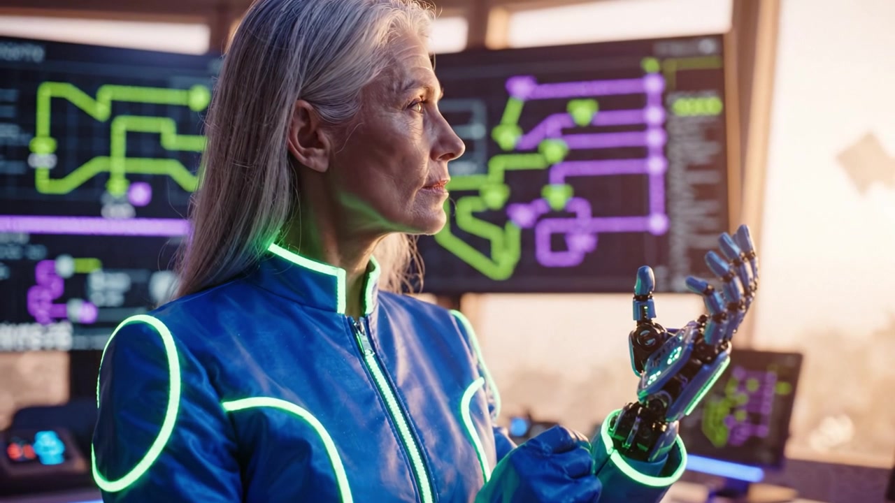 Futuristic Scientist Examining Robotic Hand in High-Tech Control Room with Neon Accents and Complex Data Visualizations on the Screens Displayed Behind Her