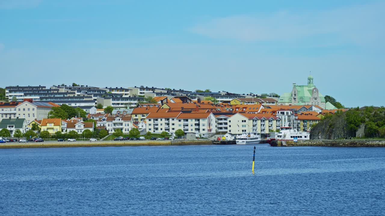 Shot from a boat of Stromstad cityscape and Skagerrak sea during the day in Vastra Gotaland County, Sweden