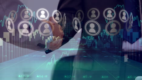 animation of data processing and icons over diverse business people shaking hands