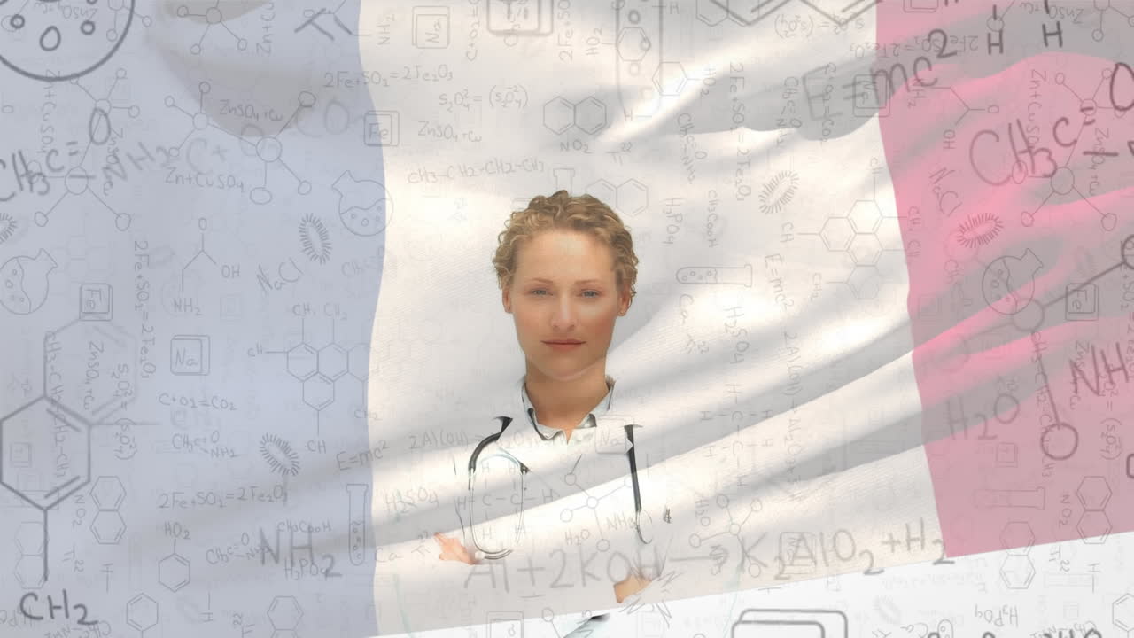 프랑스 국기가 과학 방정식과 여성 의사 위에 날아다니는 애니메이션