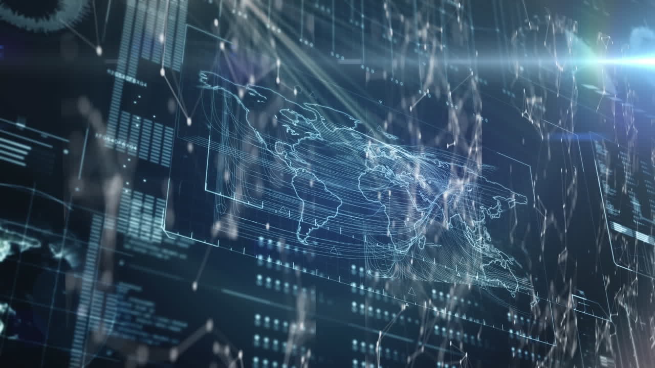 Digital interface data processing over world map against spinning networks of connections