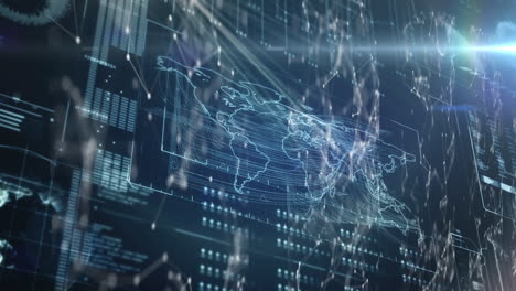 digital interface data processing over world map against spinning networks of connections