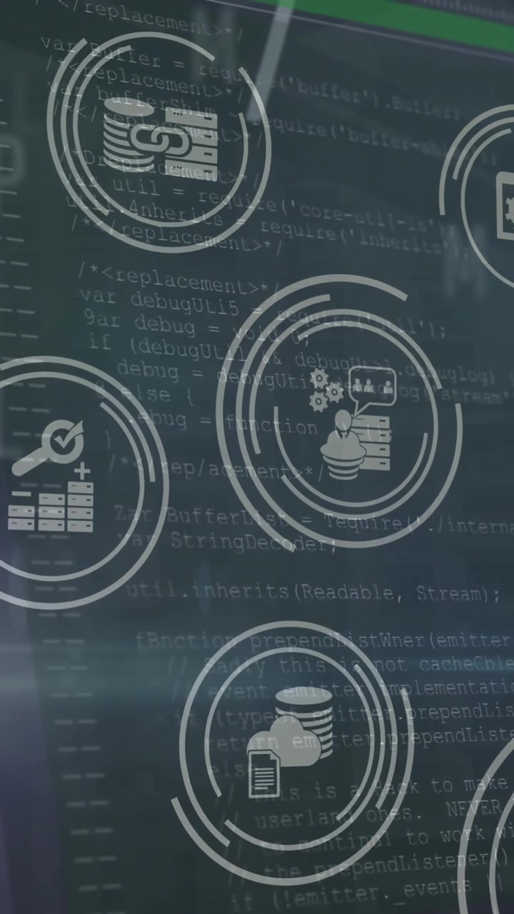Animation of digital icons, data processing, changing numbers and alphabets against tall buildings