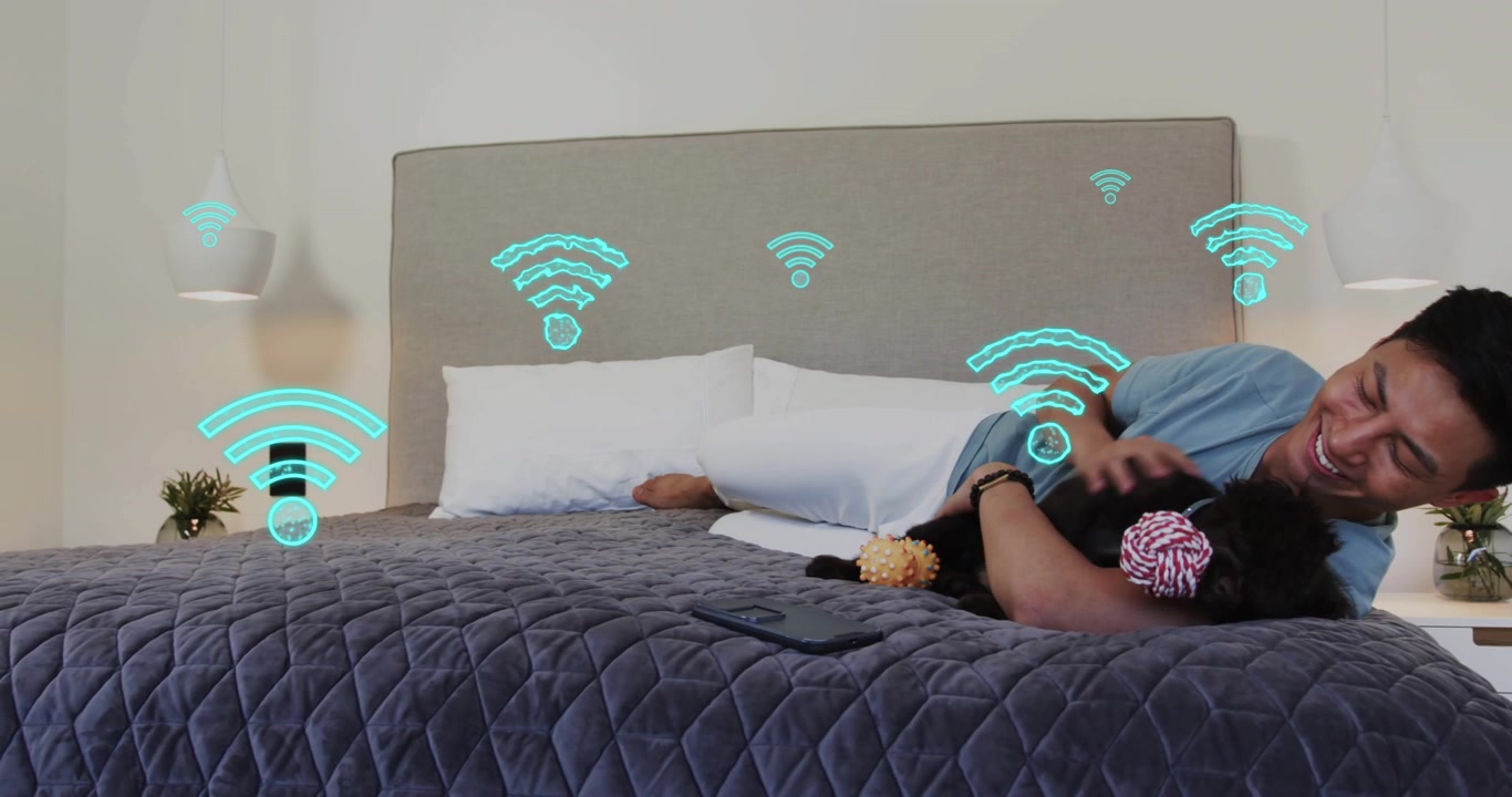 Uomo che tocca il telefono per lo streaming e attiva i simboli Wi-Fi mentre un cucciolo gli blocca la visuale cercando coccole