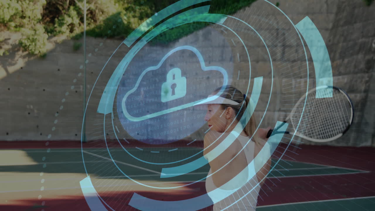 Woman swinging tennis racket on outdoor court, showcasing cloud security overlay technology