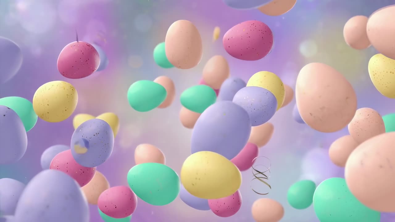 Uova colorate pastello fluttuano a mezz'aria, riprese da una angolazione bassa in una scena video da sogno