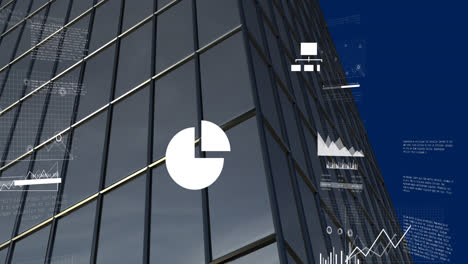 animation of multiple graphs, icons and loading bars over midsection of modern building