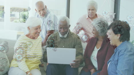 using laptop, senior group exploring network connections animation overlay together