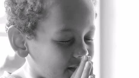 little boy praying to god with hands together on whit background stock video stock footage