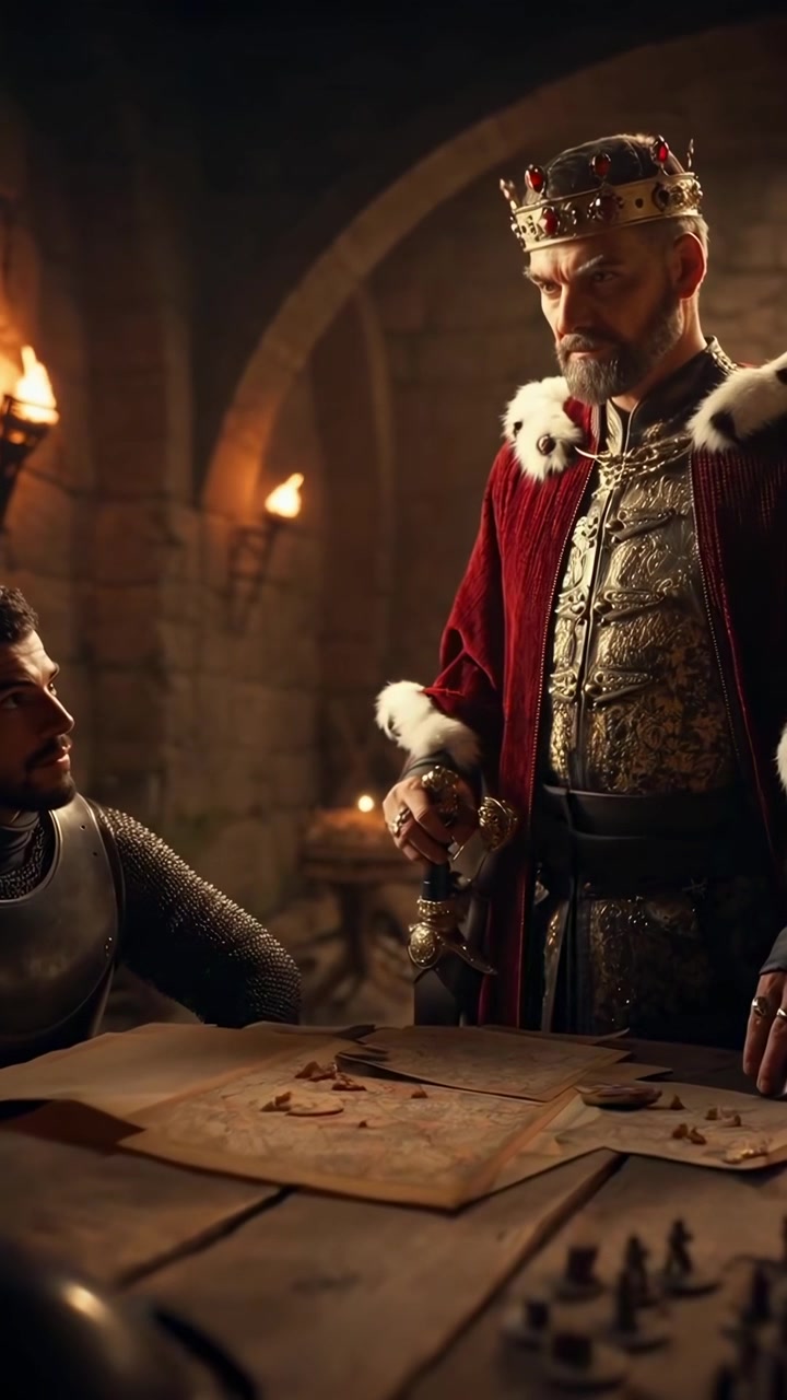 Re e cavaliere medievali che discutono la strategia di guerra