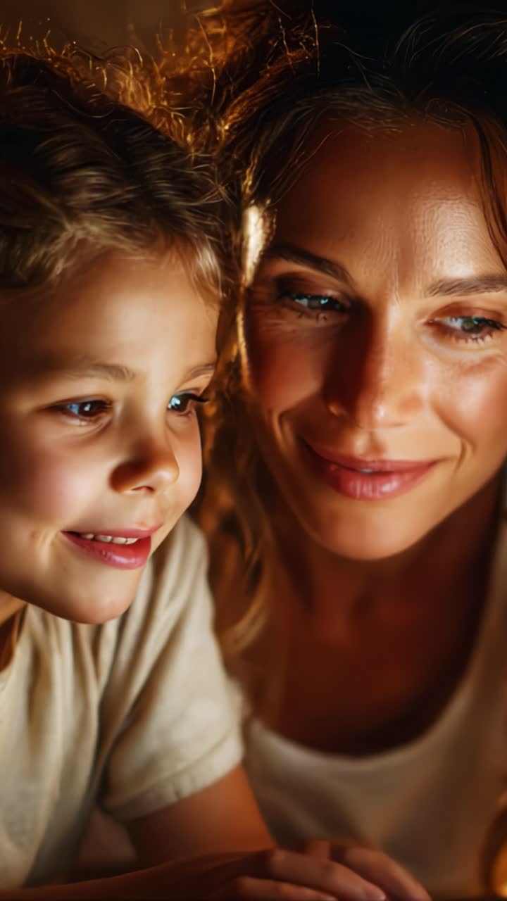 Ein herzerwärmender Moment zwischen Mutter und Kind, der ihren freudigen Gesichtsausdruck und ihre Verbundenheit während eines gemütlichen Abends in weichem, warmem Licht einfängt