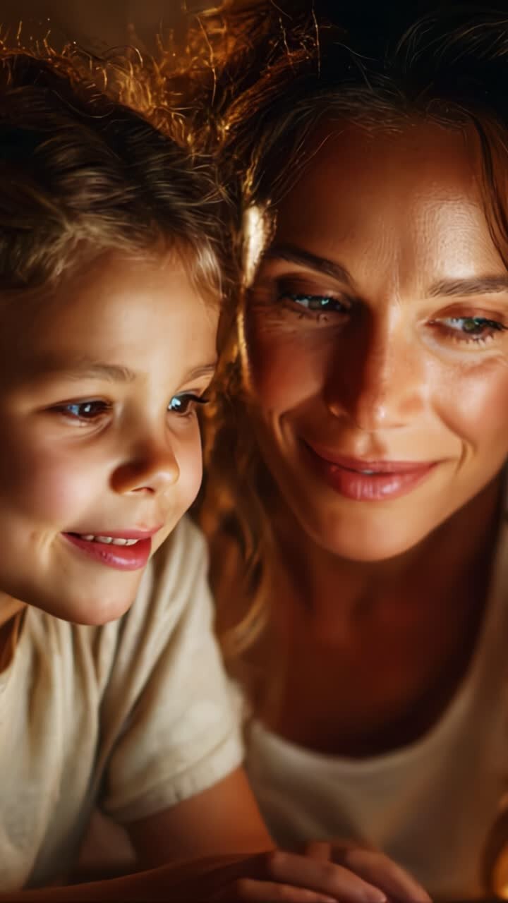Ein herzerwärmender Moment zwischen Mutter und Kind, der ihren freudigen Gesichtsausdruck und ihre Verbundenheit während eines gemütlichen Abends in weichem, warmem Licht einfängt
