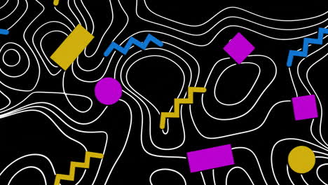 animation of vibrant abstract shapes moving over white lines on black background