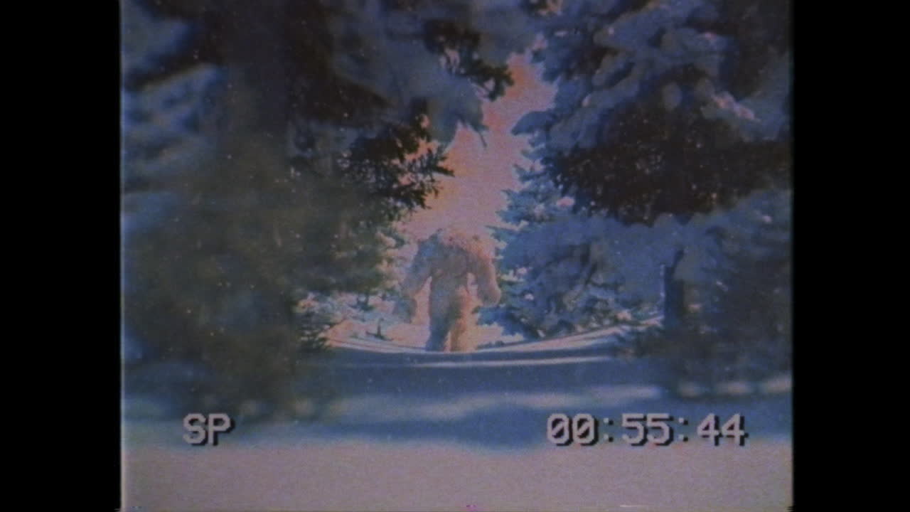 Filmato VHS vintage di una creatura Bigfoot in una foresta innevata