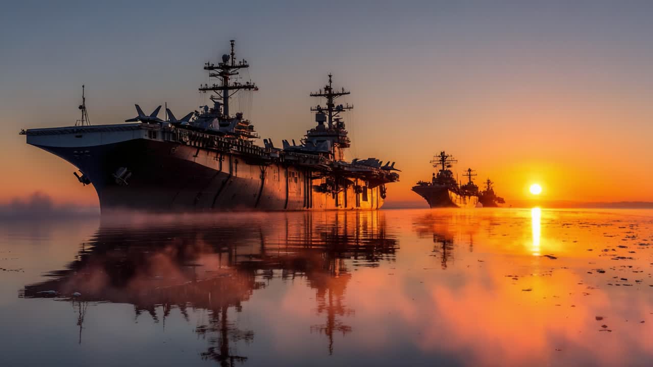 Majestic naval vessels silhouetted against a breathtaking sunrise, casting reflections on calm waters while mist gently rises, creating a serene maritime atmosphere