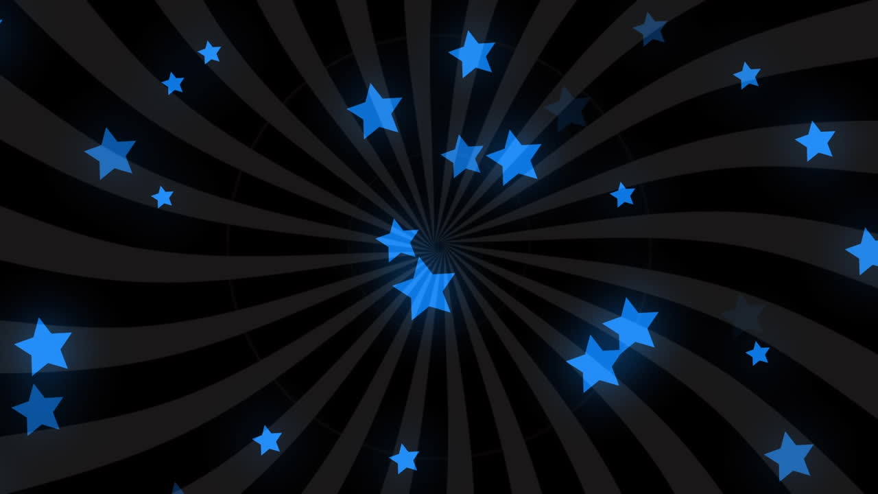 Animation of blue stars moving on spinning stripes background