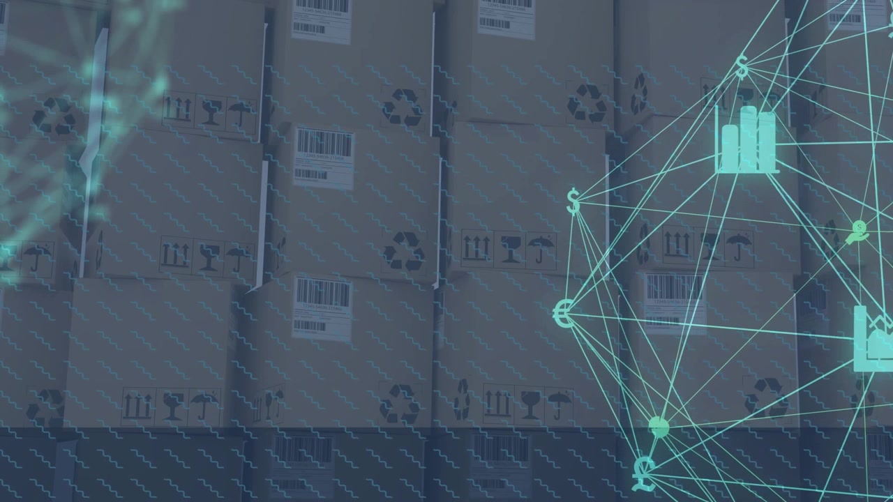 Glowing green network emerging from right edge linking supply-chain icons over boxes showing flow